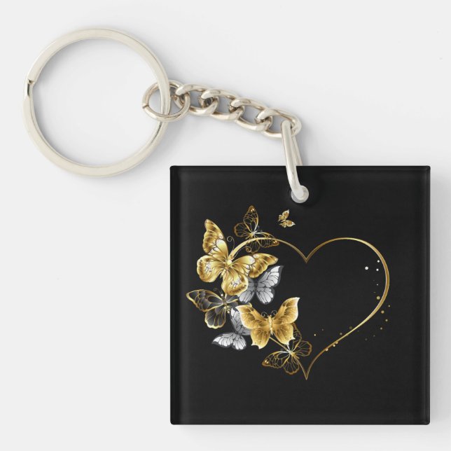 Porte-clefs Coeur aux papillons d'or (Devant)