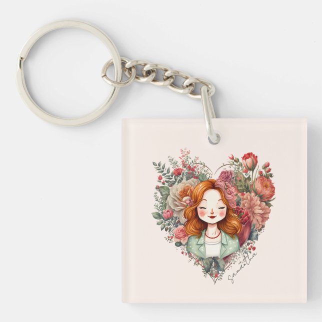 Porte-clefs Coeur des fleurs - Femme encadrée dans le coeur fl (Devant)