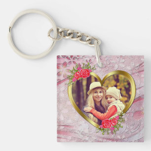 Porte-clefs Cœur d'Or et Belles Roses Fleurs