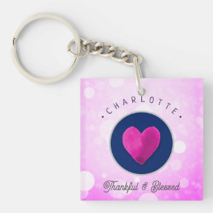 Porte-clefs Coeur gentil et béni Ajouter votre nom rose
