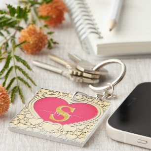 Porte-clefs Coeur rose élégant et initial, Nom élégant