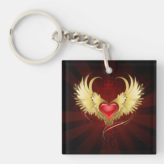 Porte-clefs Coeur rouge avec ailes d'or (Devant)