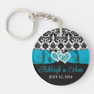 Porte-clefs Cœurs de mariage en damas noir et turquoise