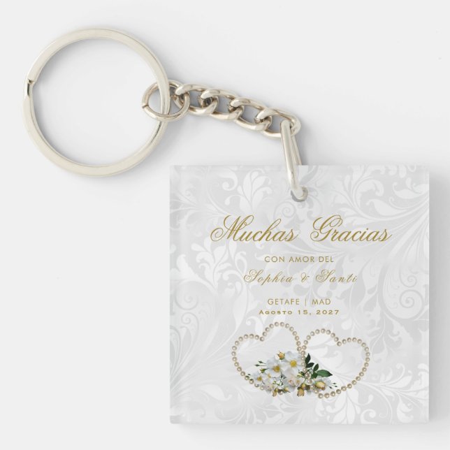 Porte-clefs Cœurs de perles et fleurs, Damas merci (Devant)