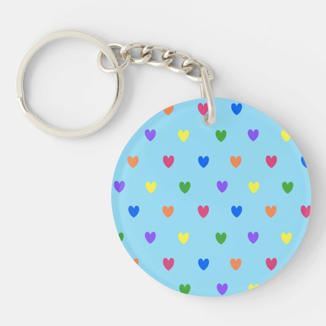 Porte-clefs Coeurs de polka arc-en-ciel sur bleu bébé (Devant)