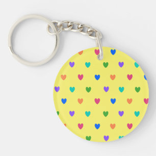Porte-clefs Coeurs de polka arc-en-ciel sur jaune