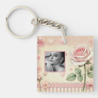 Porte-clefs Cœurs de rose rose vintage floral photo aquarelle