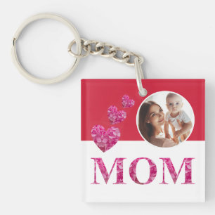 Porte-clefs Coeurs floraux roses "MOM" Lettrer Photo Rouge Bla