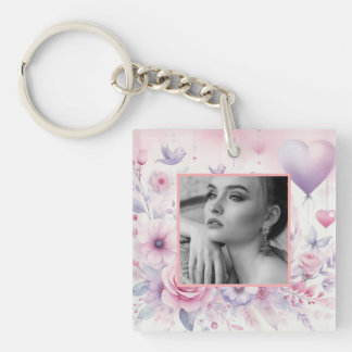 Porte-clefs Coeurs rose violet rose floral photo aquarelle