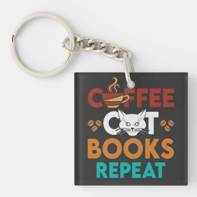 Porte-clefs Coffee Cat Books Repeat, Lecture de café Amoureux  (Devant)