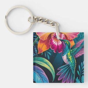 Porte-clefs Colibri et orchidée tropicaux vibrants