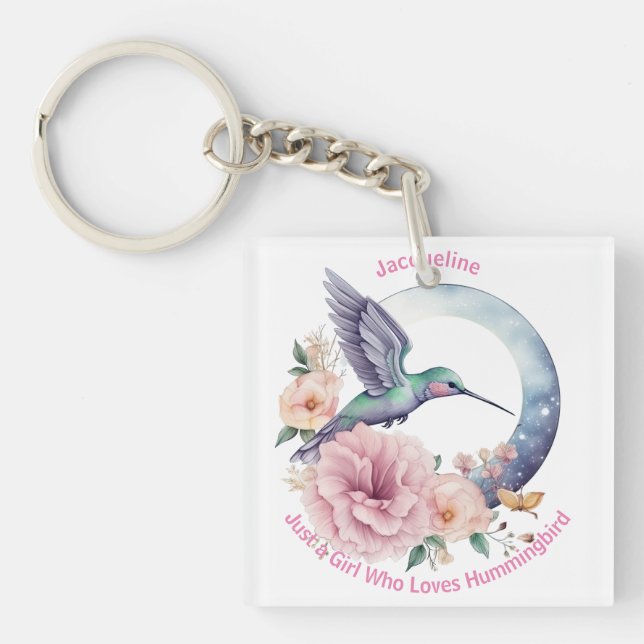 Porte-clefs Colibri rose violet Nom personnalisé (Devant)