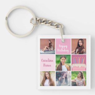 Porte-clefs Collage de photos rose personnalisé pour l'anniver