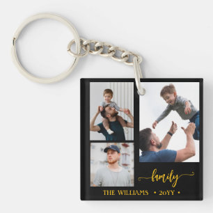 Porte-clefs collage photo de famille 3 noir or script aimant