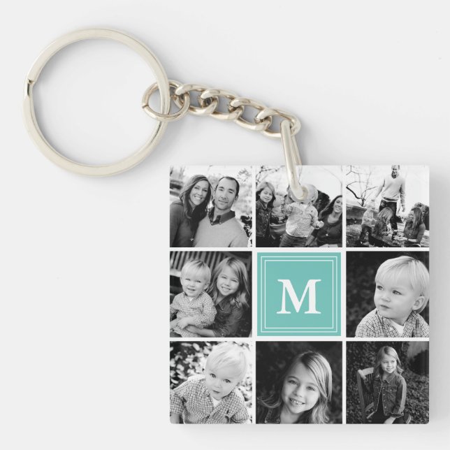 Porte-clefs Collage photo de famille Monogramme turquoise (Devant)