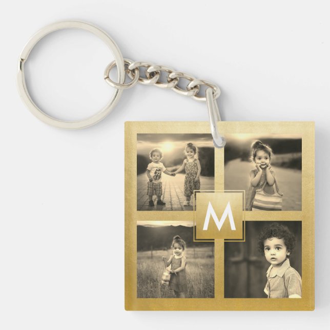 Porte-clefs Collage Photo Famille Personnalisée Monogramme Or  (Devant)
