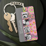 Porte-clefs Collage photo Fleurs roses chaudes et orange<br><div class="desc">Une excellente façon d'afficher vos photos carrés à partir de votre compte en ligne. Un motif floral amusant met en valeur les photos.</div>