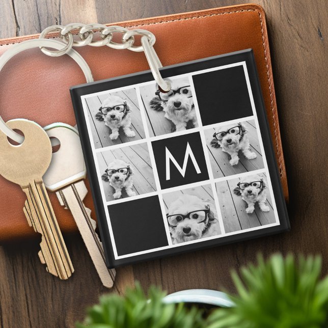 Porte-clefs Collage photo noir et blanc 6 Monogramme personnal (Personalized keychain with photo collage and monogram)