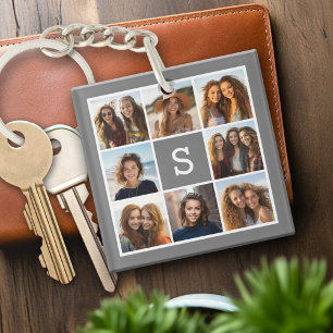 Porte-clefs Collage photo personnalisé Monogramme Charbon Blan