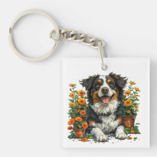 Porte-clefs Collie Bordure Mignonne En Fleurs