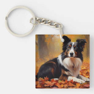 Porte-clefs Collie frontalier à l'automne Feuilles automne Ins