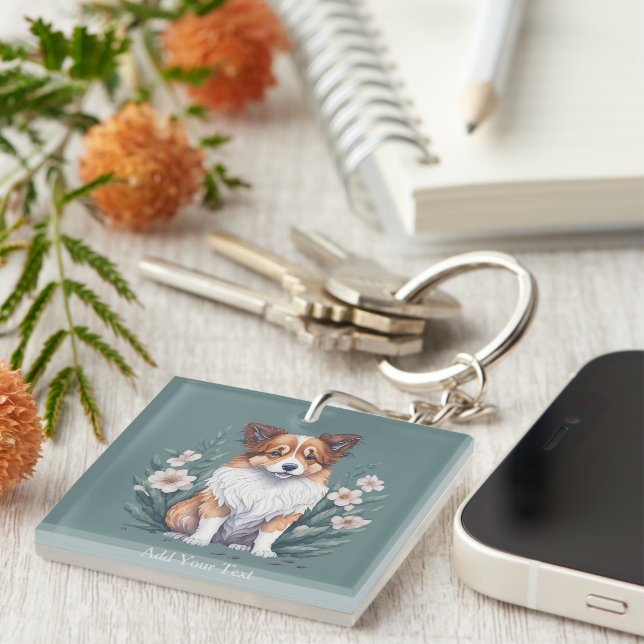 Porte-clefs Collie mignon entouré de fleurs -  (Devant Droit)