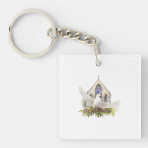 Porte-clefs Colombe blanche avec église