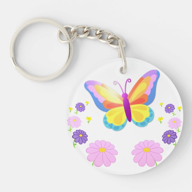 Porte-clefs Colorful Butterfly and Flowers Round Keychain (Devant)