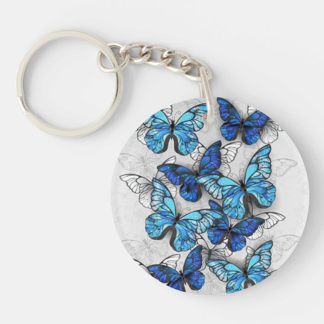 Porte-clefs Composition de papillons blancs et bleus (Devant)