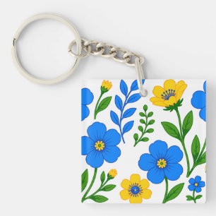 Porte-clefs Conception botanique florale bleue et jaune