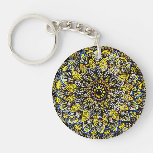 Porte-clefs Conception de mandala dessinée à la main jaune ver (Devant)