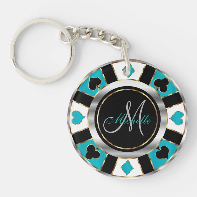Porte-clefs Conception de puces de poker en argent et turquois (Devant)