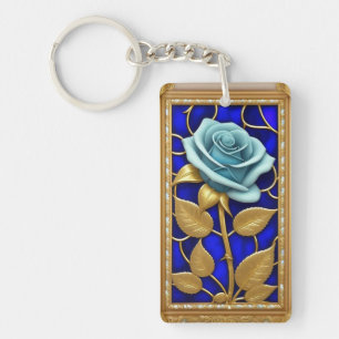Porte-clefs Conception de Rose Bleue en Verre Cathédrale