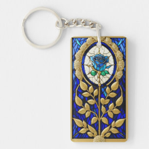 Porte-clefs Conception de Rose Bleue en Verre Coloré