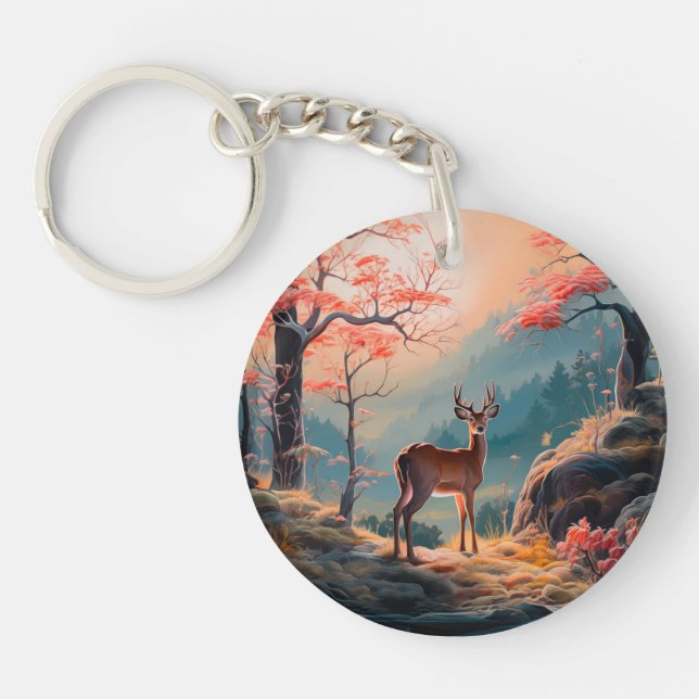 Porte-clefs Conception de scène forestière avec cerfs automnal (Devant)