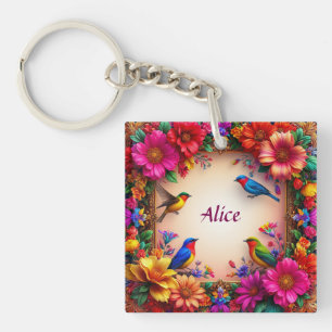 Porte-clefs 🌸 Conception Fleurie Oiseau Nom Personnalisé Cade