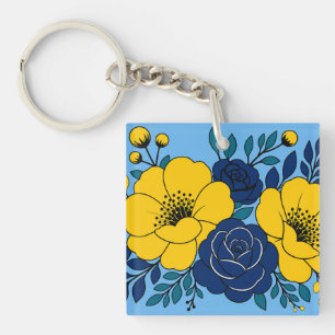 Porte-clefs Conception florale élégante jaune et bleu marine
