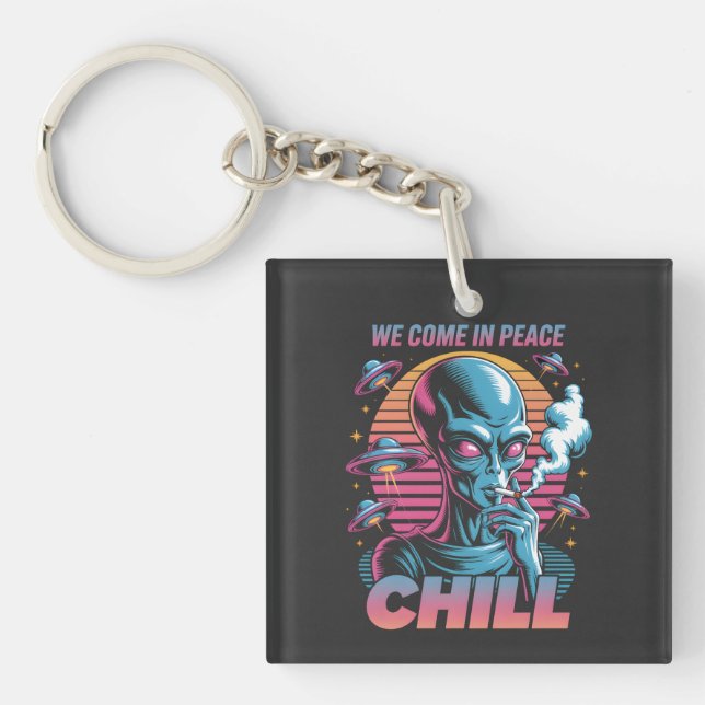 Porte-clefs Conception Rétro Alien "Nous Venons En Paix CHILL" (Devant)