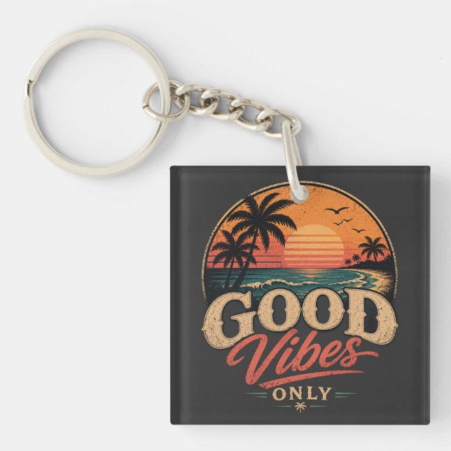 Porte-clefs Conception Rétro de Coucher de Soleil Bonnes Vibra (Devant)