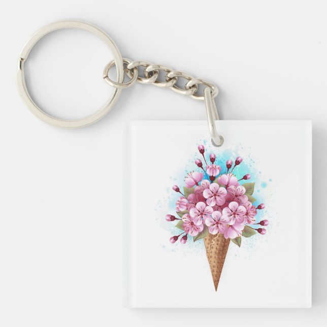 Porte-clefs Cône rose Sakura crème glacée gaufre (Devant)