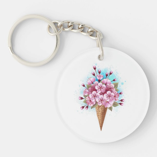 Porte-clefs Cône rose Sakura crème glacée gaufre (Devant)