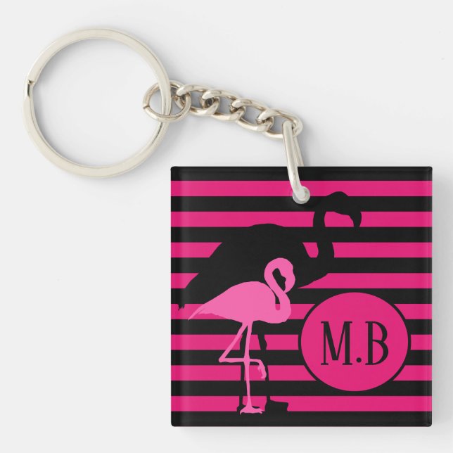 Porte-clefs Cool Flamant rose noir et rose rayures Monogramme (Devant)