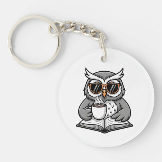 Porte-clefs Cool Owl Reading With Coffee