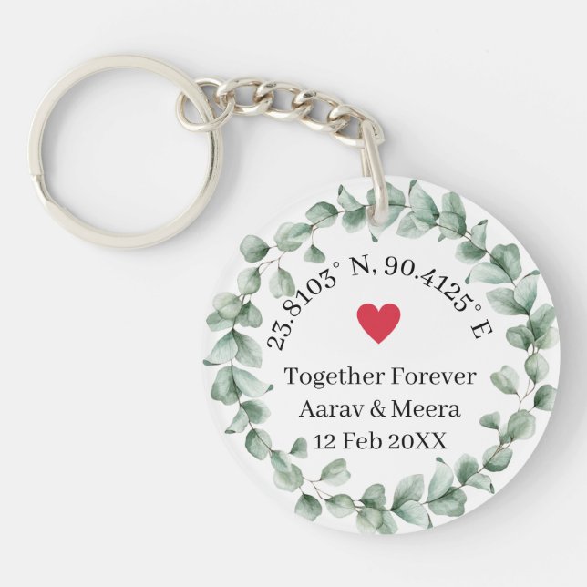 Porte-clefs Coordonnées de l'amour Cadeau de mariage botanique (Devant)