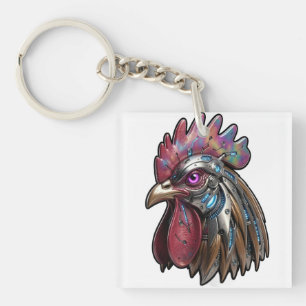 Porte-clefs Coq Cyberpunk Art mécanique iridescent