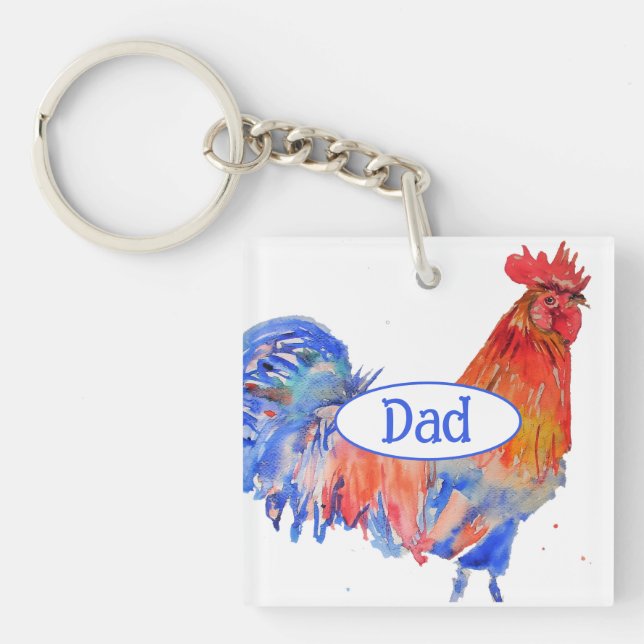 Porte-clefs Coq Rouge Poulet Peinture Aquarelle Bleue Papa (Devant)