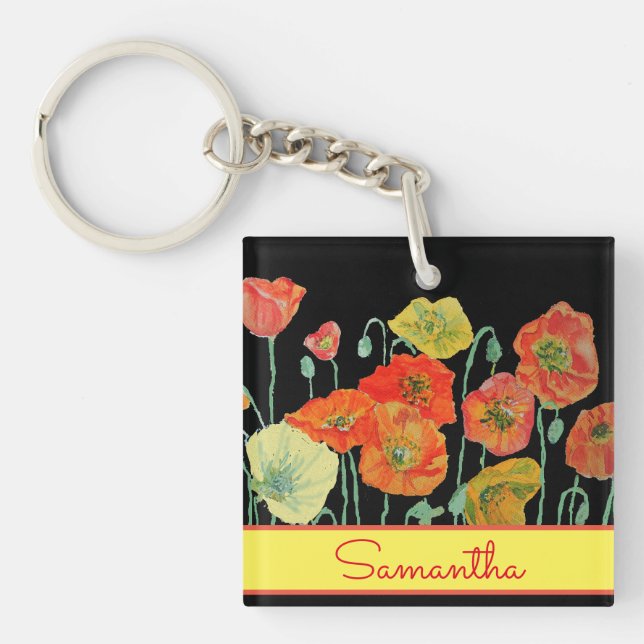 Porte-clefs Coquelicots Filles Nom Rouge Orange Jaune (Devant)