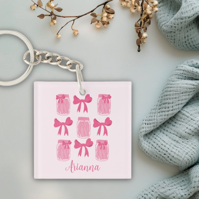 Porte-clefs Coquette rose chaud Pickle Jar et Bow Personnalisé (Hot Pink Coquette Pickle Jar and Bow Personalized Keychain)