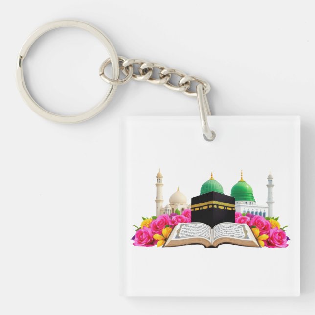 Porte-clefs Coran D'Art Islamique Avec Mosquée Et Rose (Devant)