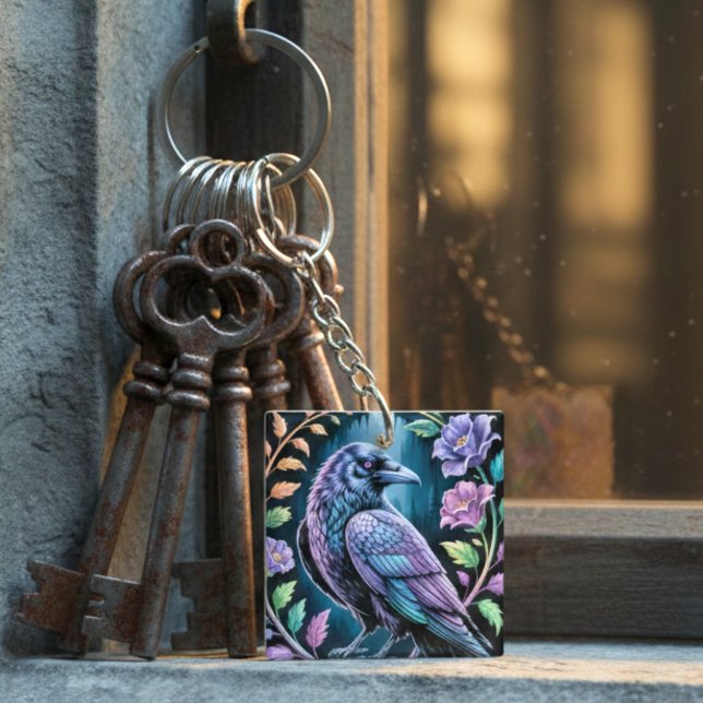 Porte-clefs Corbeau Lunatique Dark Academia Floral (Romantic Dark Academia Raven keychain– Gothic Nature Gift)